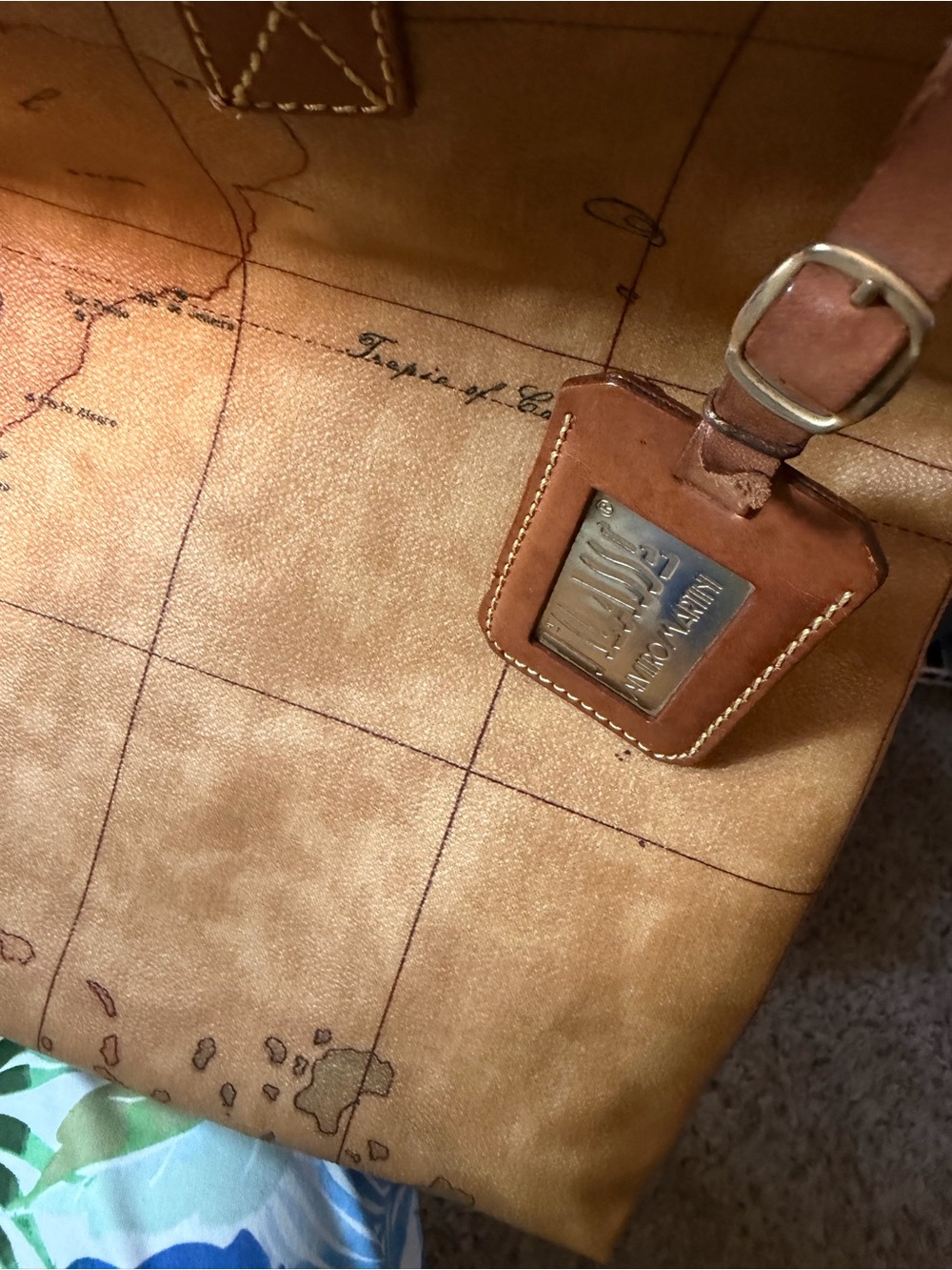 Vintage Map-Print Leather Travel Tote in Tan